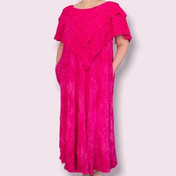 Vintage 80s/90s Bright Pink Morocco Maxi Dress Women’s Size XL Boho Hand Dyed - Picture 1 of 9